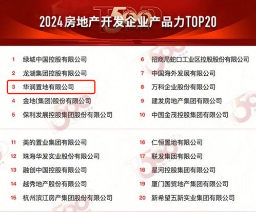 2024房地產開發企業產品力TOP20榜單揭曉，華潤置地位列第三